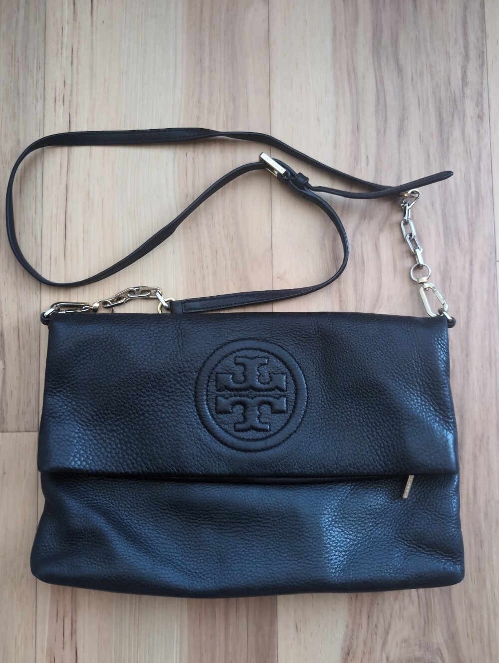 Tory Burch Black Pebbled Leather Logo Fold-Over Crossbody